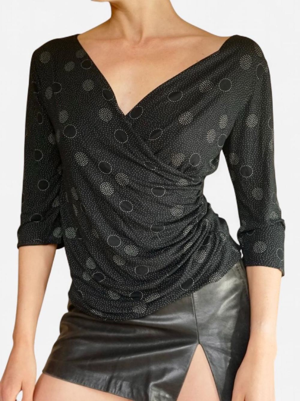 Salaam black speckled polka dot wrap front top with 3/4 sleeves L